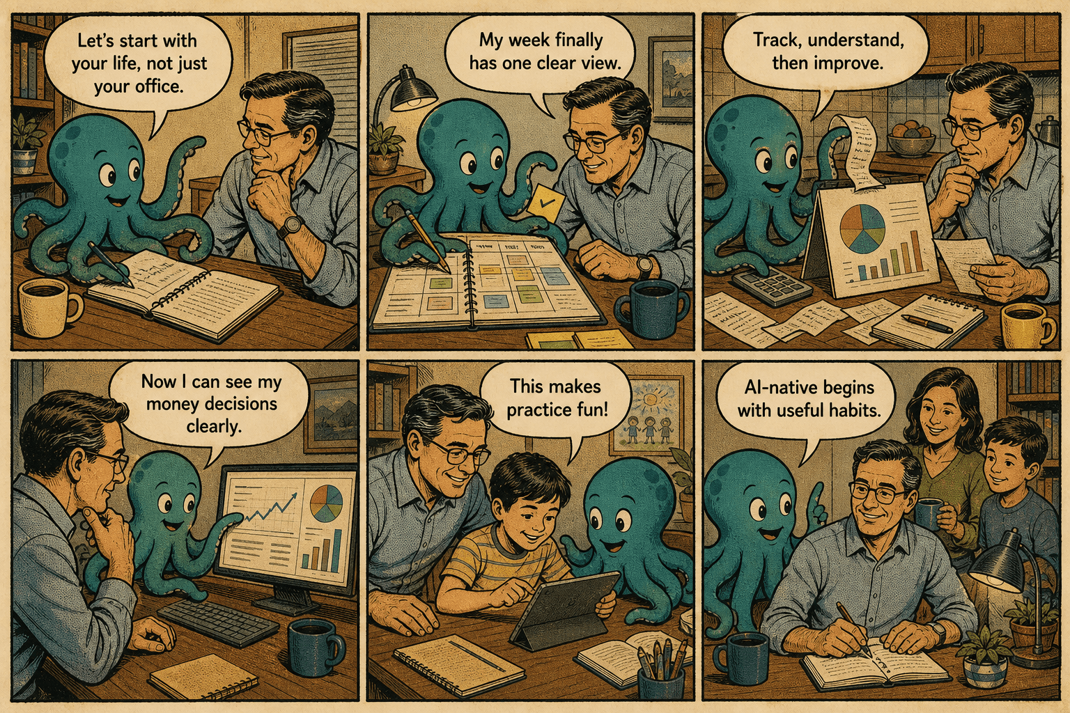 Vintage comic strip showing Tom using AI to build personal planners, trackers, and learning tools.